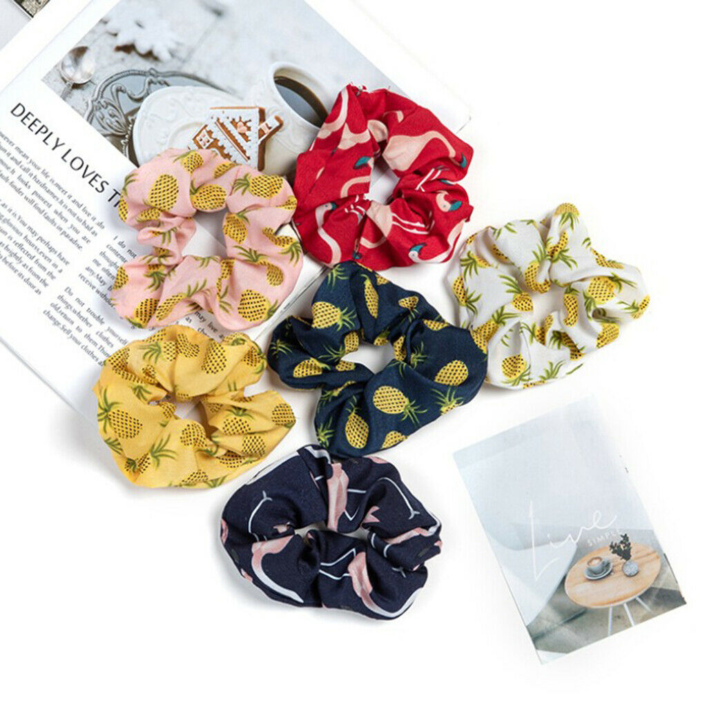 6Pack Ladies Satin Hair Scrunchies Pineapple Printed Hair Cord Scrunchy
