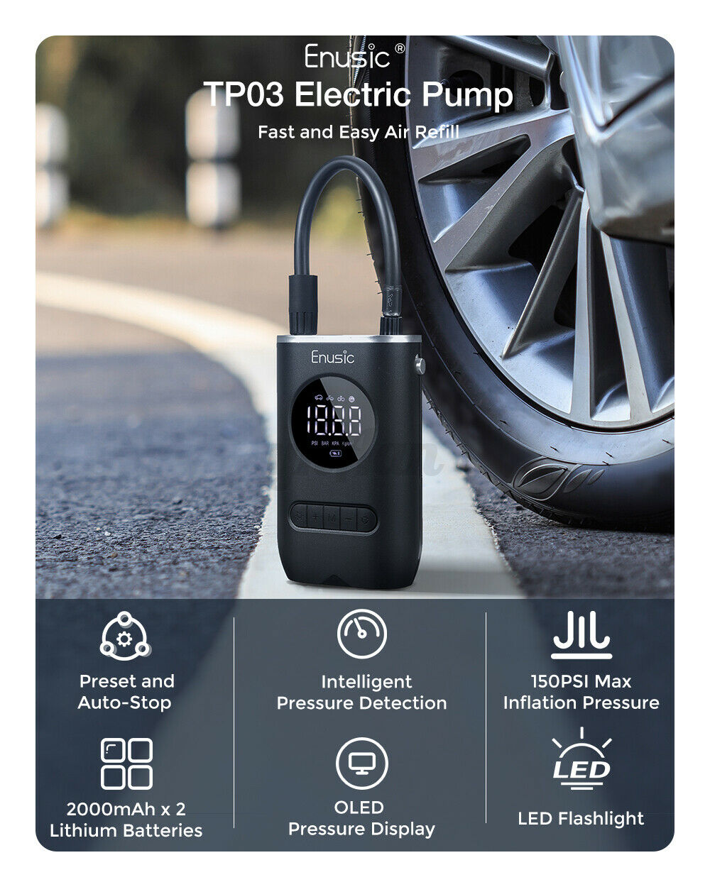 Enusic 4000mAh 150PSI Cordless Air Pump Digital Tire Pressure AIR COMPRESSOR â—