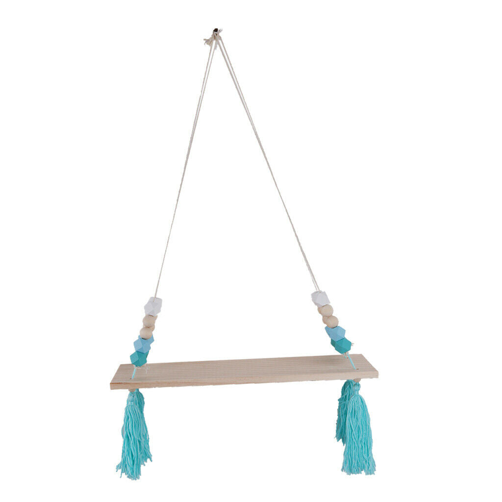 Wall Hanging Wood Swing Floating Shelf Kids Room Blue White Bead Blue Tassel