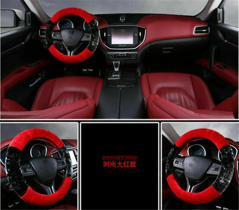 Warm Plush Steering Wheel Cover Black+Red Unicersal Breather Protective Case