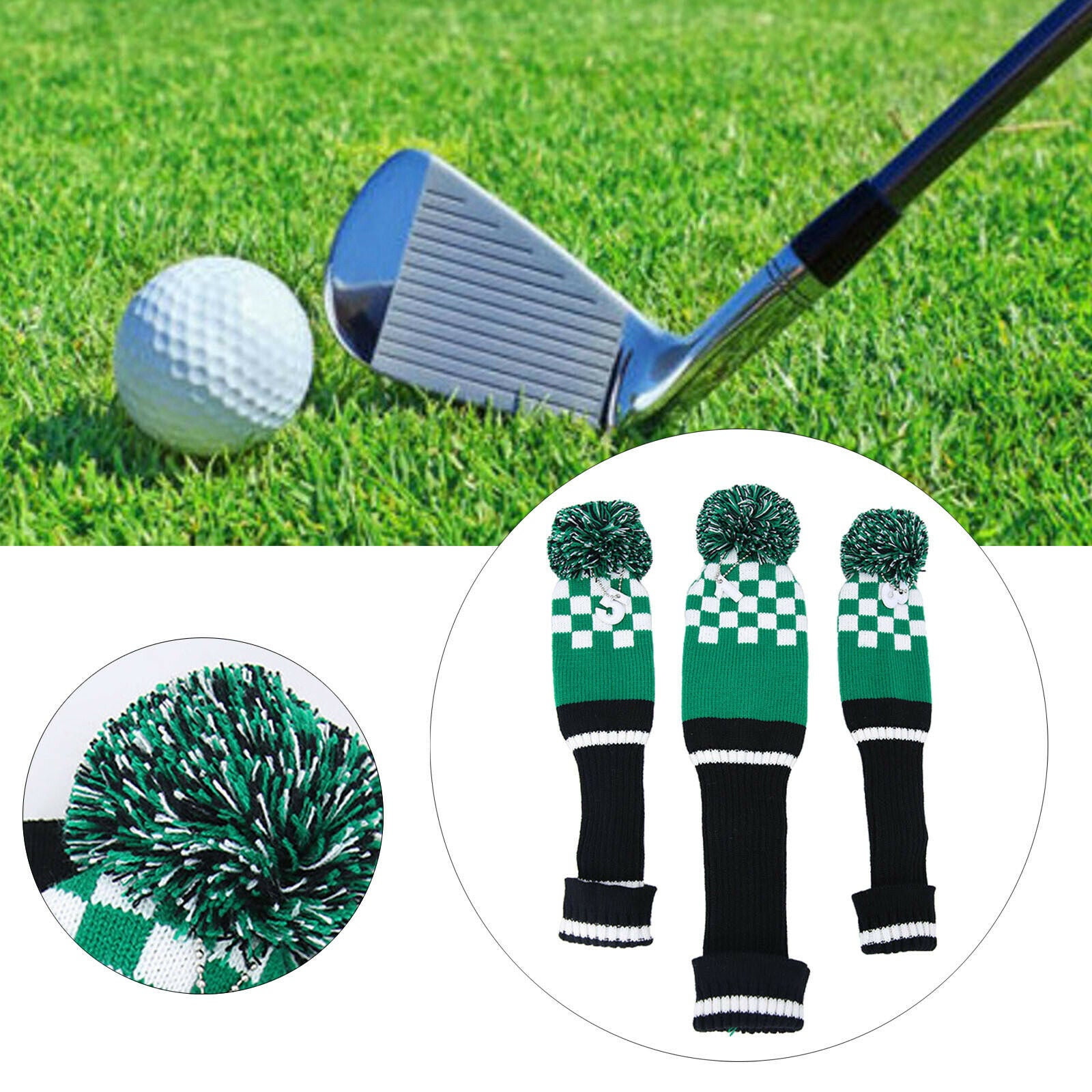 3x Knit Wood Golf Club Covers No. Tags 1 3 5 Green for Fairway Woods Driver