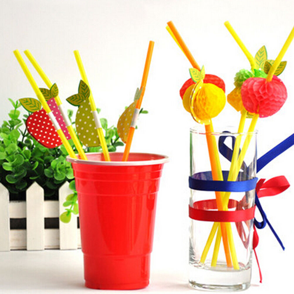 50 Paper Umbrella Plastic Drinking Straw Beach Party Fruit Straw Supply K.l8