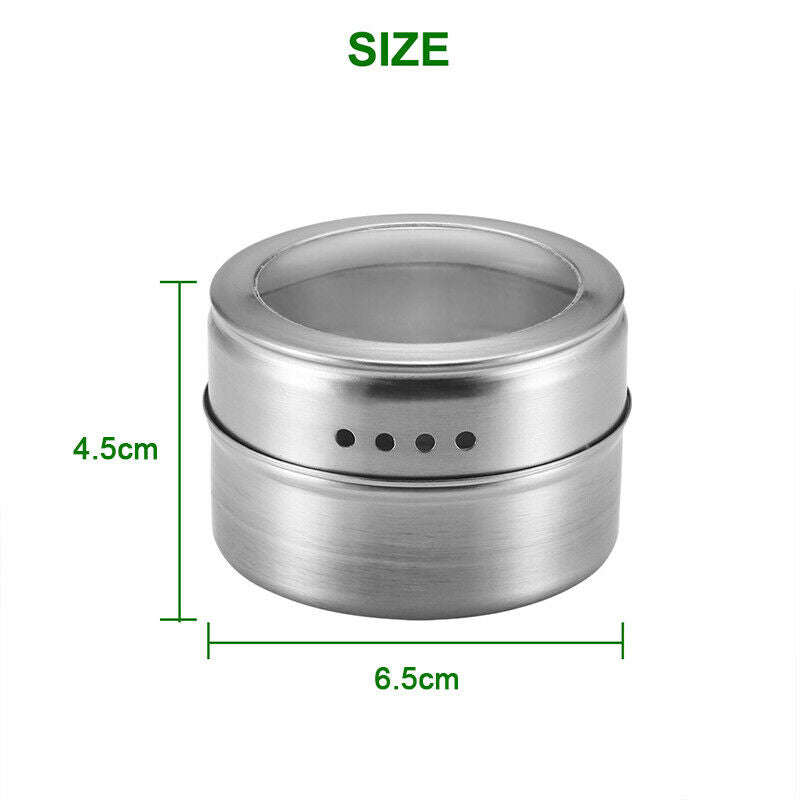 12pcs Magnetic Stainless Steel Spice Herb Tin Jar Seasoning Storage NonSlip Base