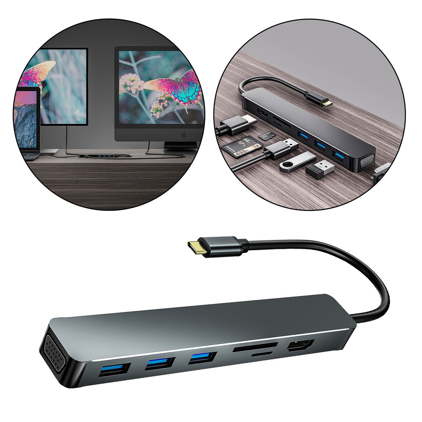 Aluminum 7 in 1 USB 3.0 C to HDMI VGA Hub Adapter Dongle Plug&Play Compact