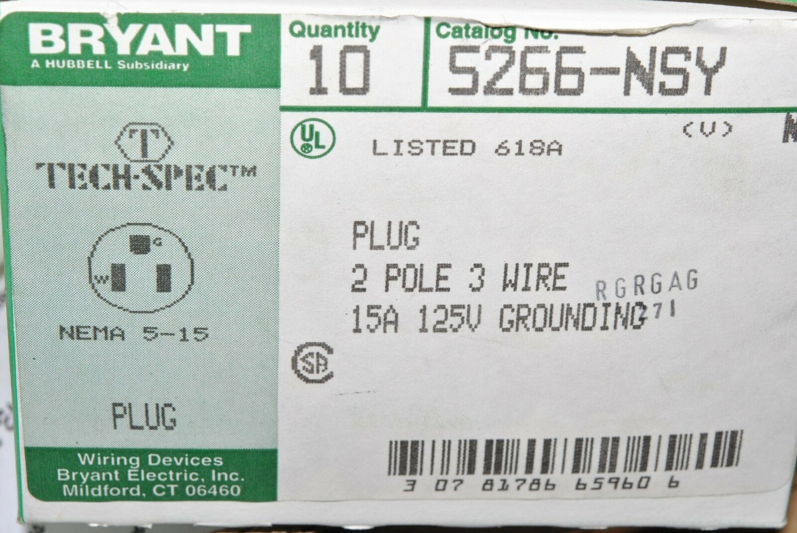 1pcs-BRYANT 5266-NSY 15A 125V NEMA5-15 2Pole-3Wire Plug - MADE IN USA