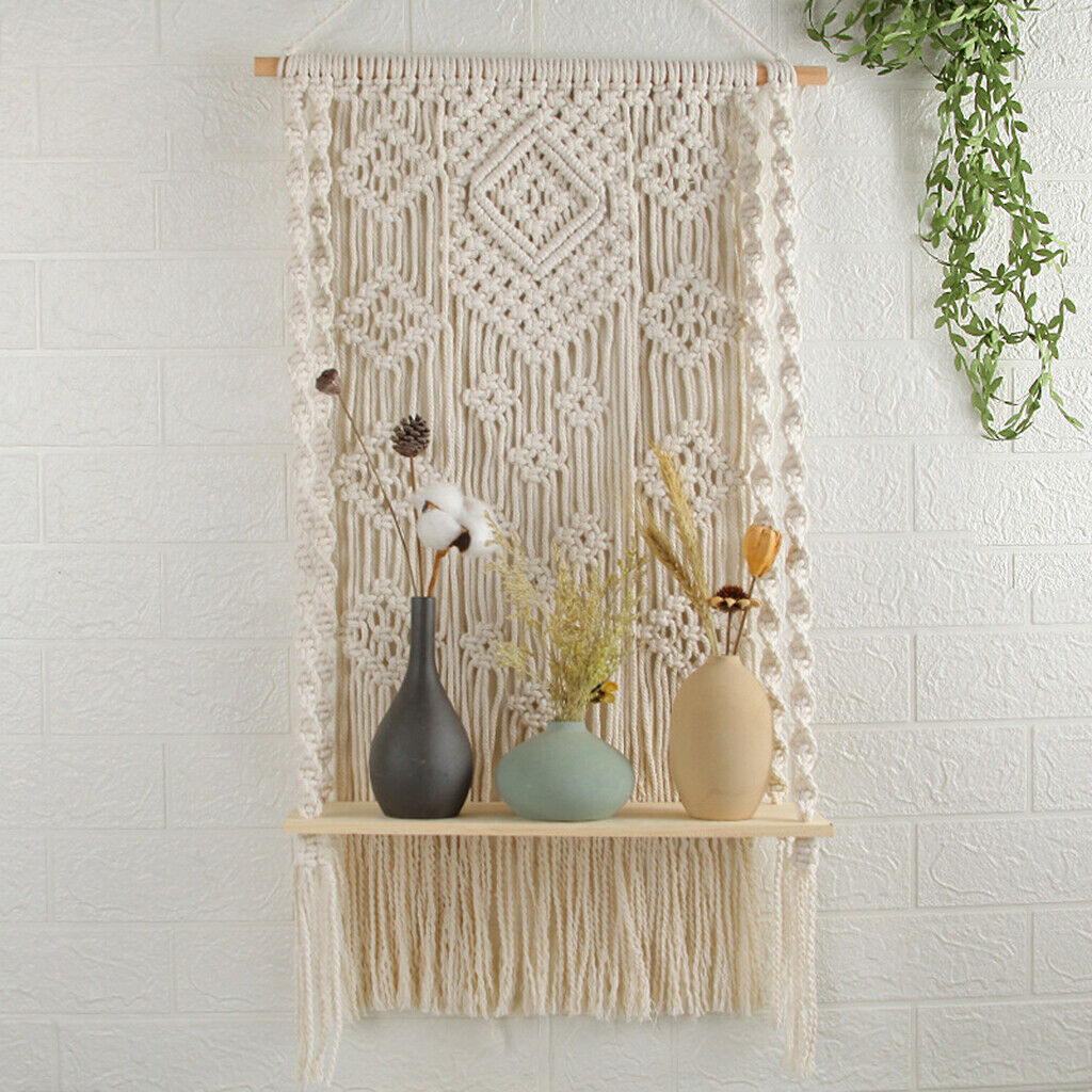 Boho Wall Hanging Shelf Woven Cotton Rope Tapestry Tassel Books Hanger
