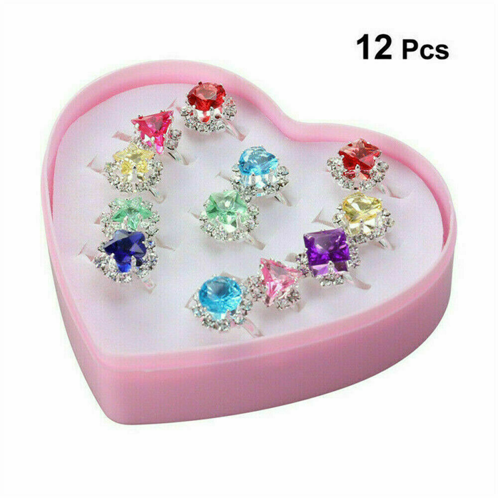 12*Kids Child Diamate Ring Set Adjustable Crystal Rings Costume Jewelry w/Box US