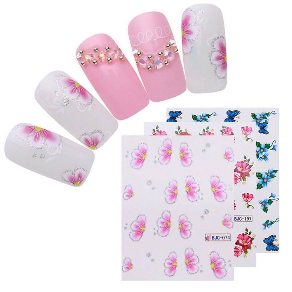 55Pcs Cherry Nail Decals Flower Butterfly Nail Art Water Transfer Stickers Decor