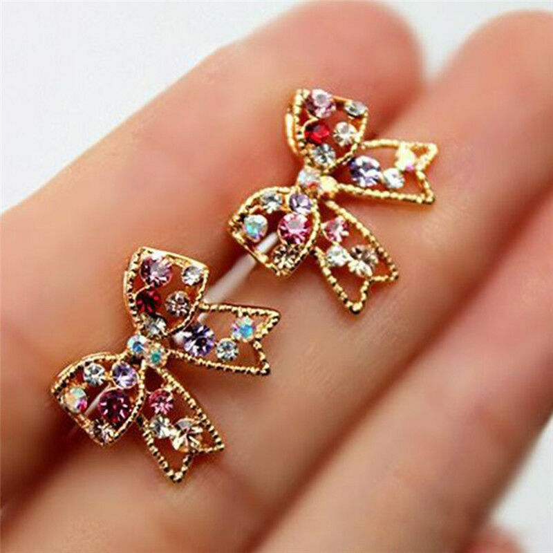 Charming Girl's Colorful Crystal Rhinestone Golden Bowknot Charm Stud Earring LQ