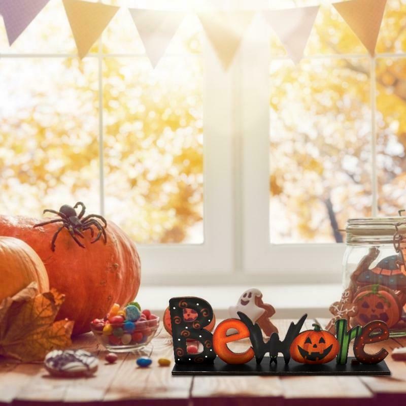 Halloween Wooden Table Decor Beware Letters Pumpkin Sign Party Desktop Ornament