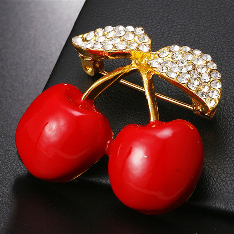 Enamel Rhinestone Crystal Red Cherry Brooch Pin Banquet Fruits Suits Pin.l8