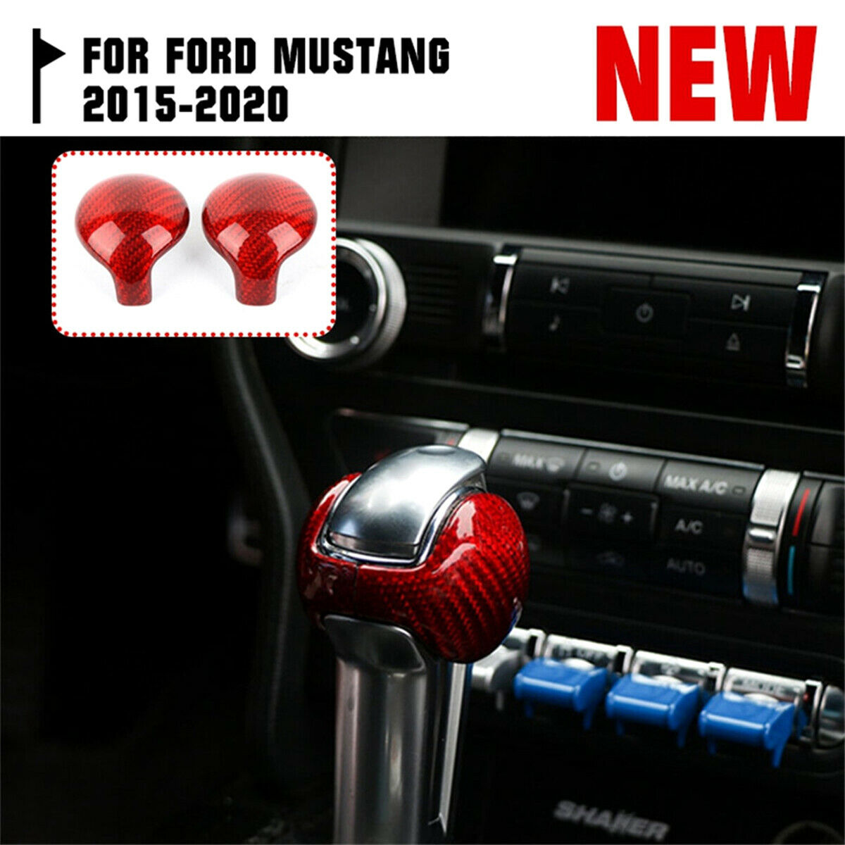 2x Real Carbon Fiber Gear Shift Knob Decorative Cover For 2015-2019 Ford Mustang