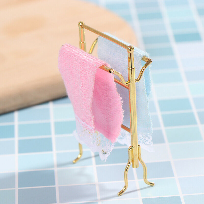 1:12 Metal Free-Standing Hand Towel Drying Rack with 2 Towels for Dollhou.l8