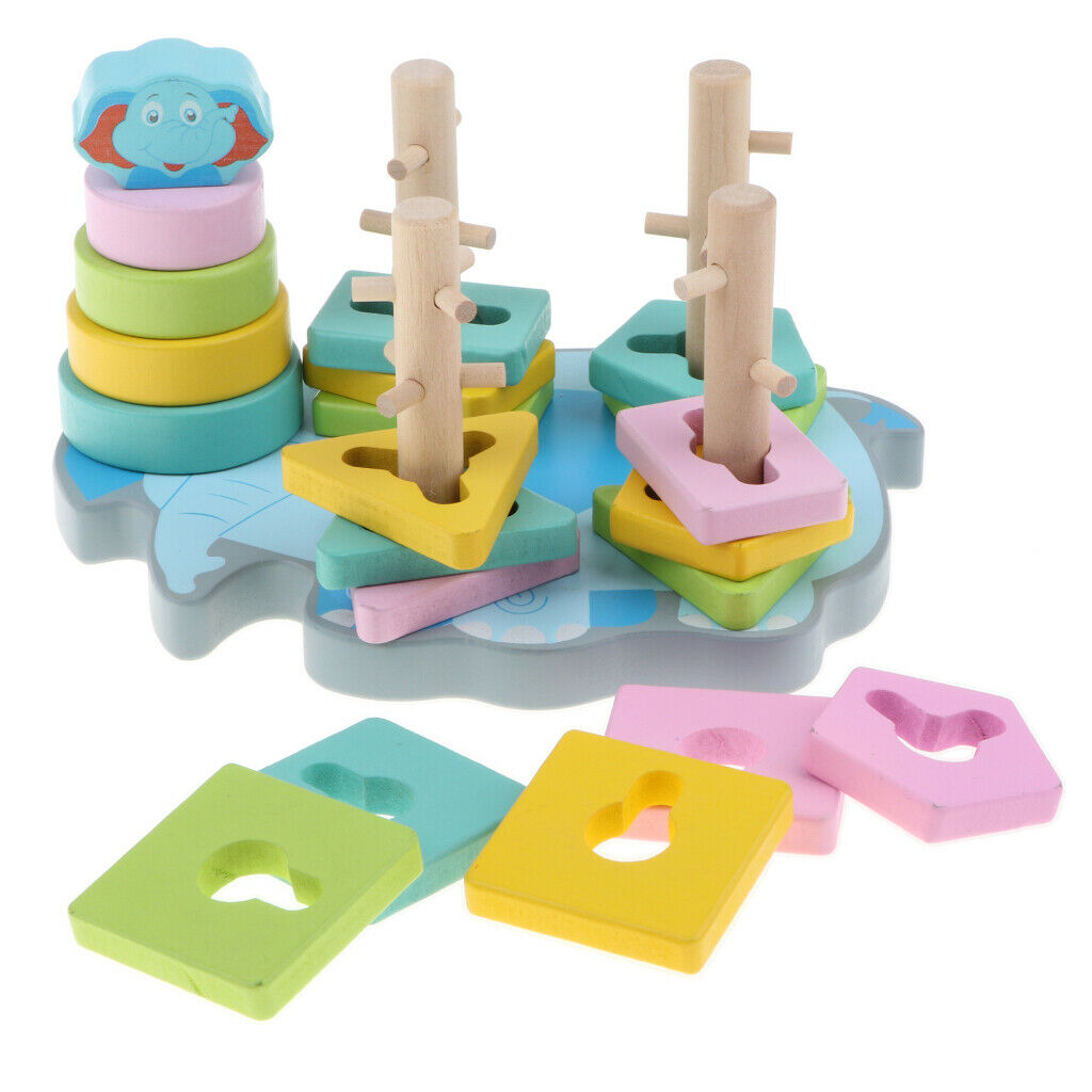 Wooden Cartoon Elephant Base Geometric Shape and Color Matching Blocks for Kids