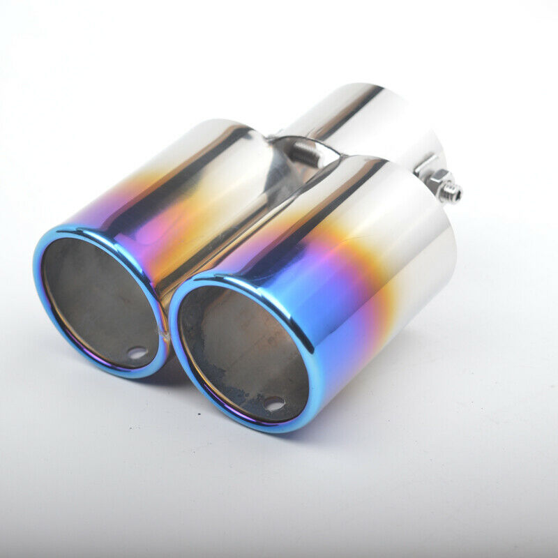 63mm Inlet Car Exhaust Pipe Tip Muffler Stainless Steel Dual Outlet Toasted Blue
