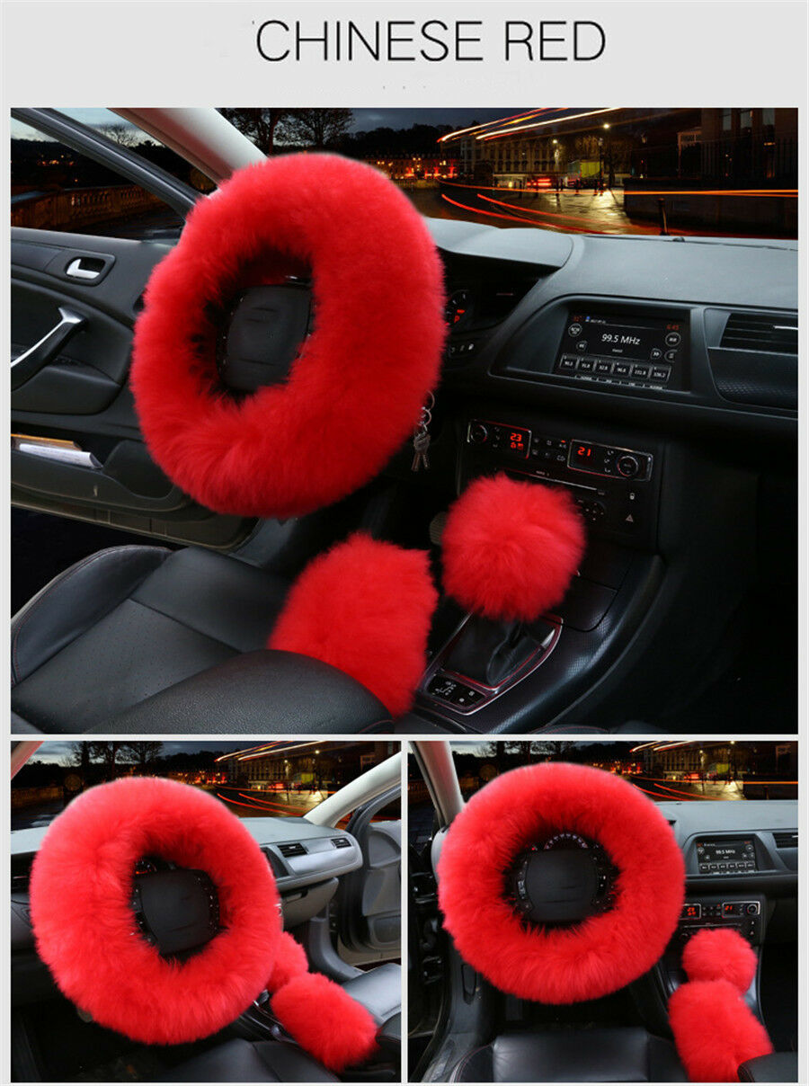 3pcs/set Fur Car Steering Wheel Cover Chinese Red Color Wool Winter Essential
