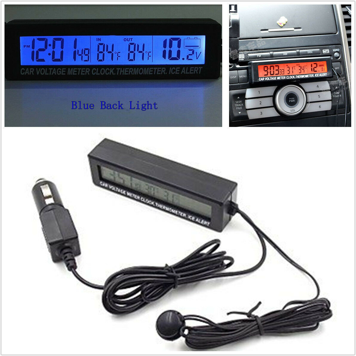 12V/24V Car Digital Clock Voltmeter Thermometer Ice Alert Orange&Bule Back Light