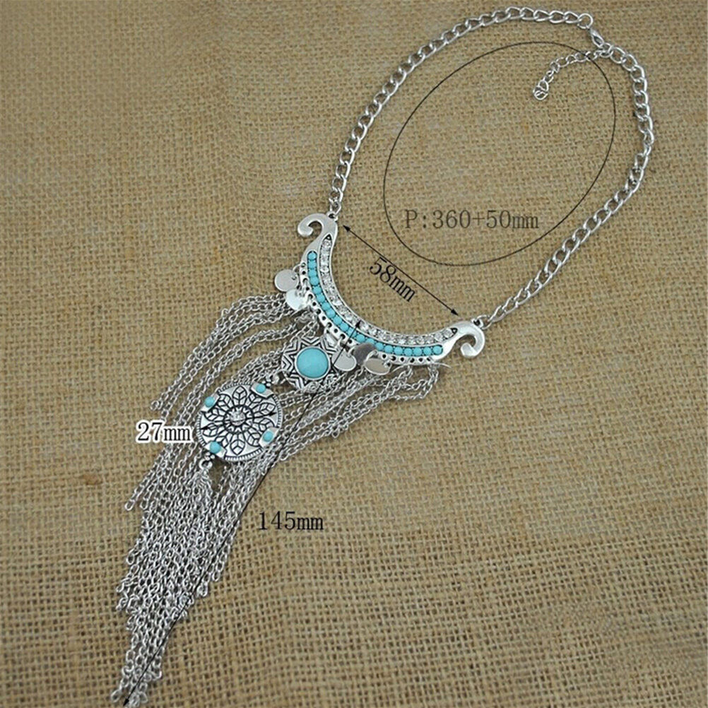 Retro Bohemian Gypsy Style Turquoise Tassel  Chain Choker Pendant Necklace B Tt