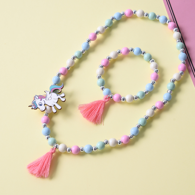 Cute Unicorn tassel Wood Bead Children's necklace bracelet for children gift DIY