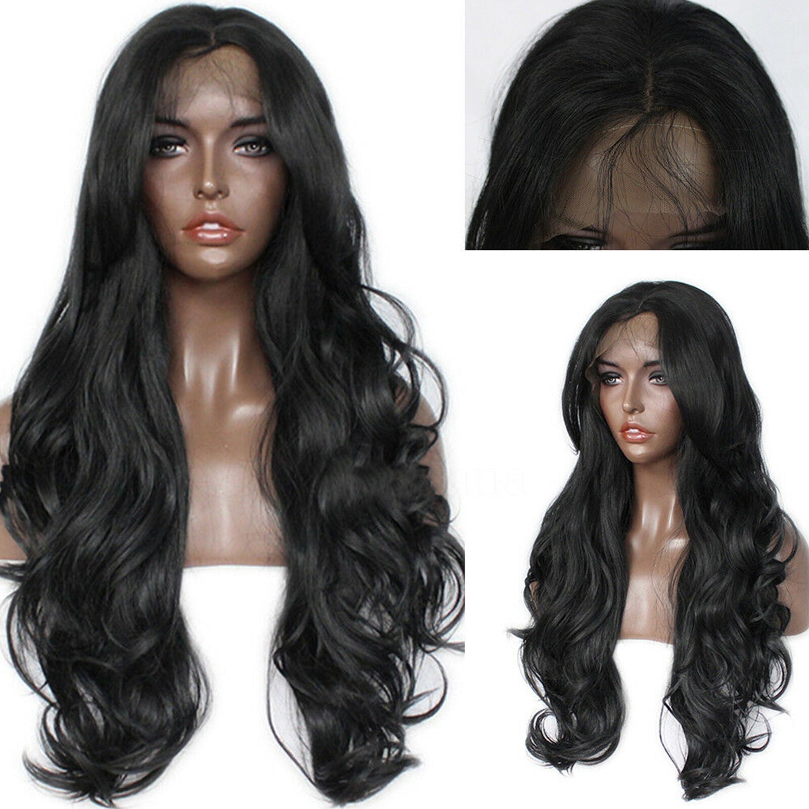 Women's Black Synthetic Lace Front Wig Long Hair Body Wavy Glueless Full Wigs