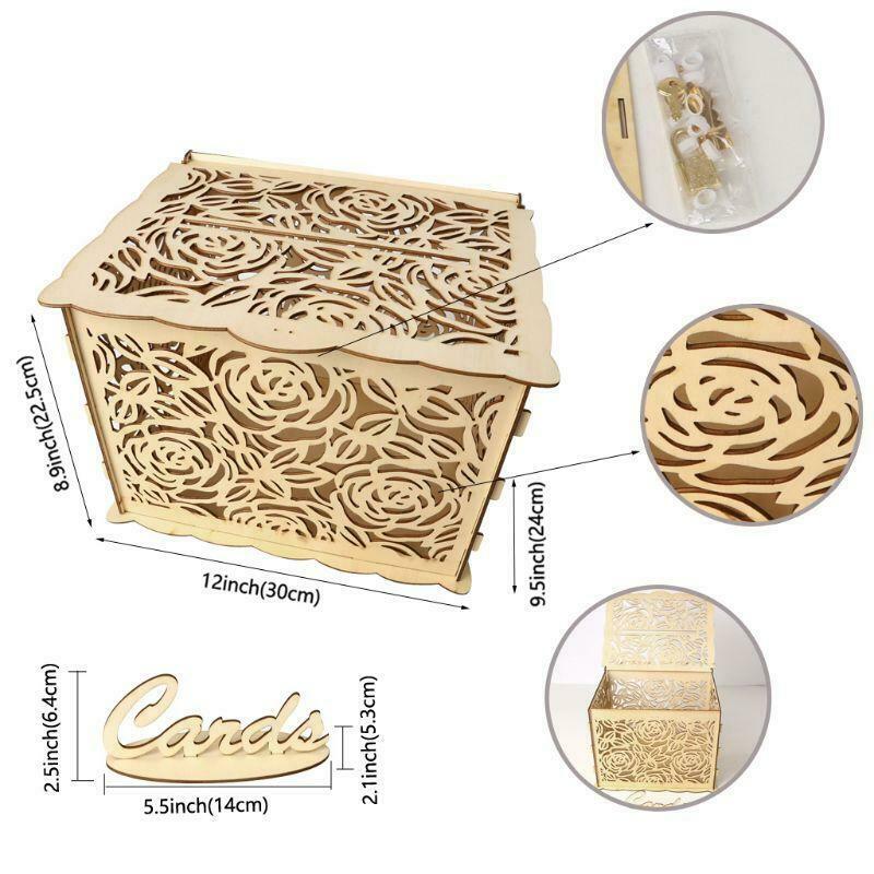 DIY Wedding Gift Rose Flower Wooden Card Money Box Case With Lock Rustic Party