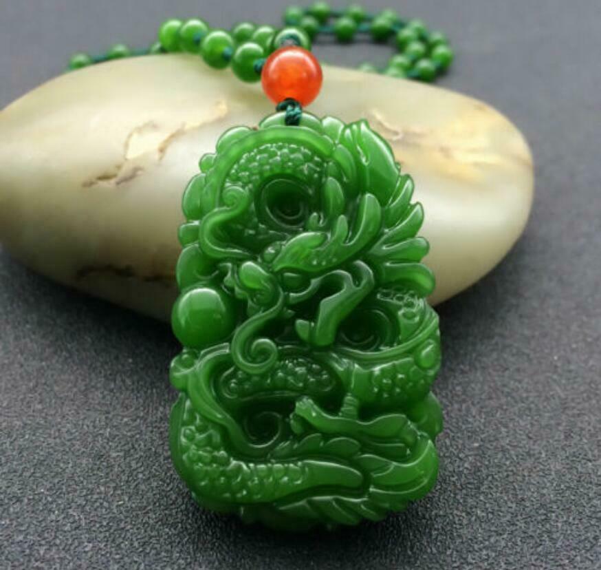 Natural Green Hand-carved Chinese Hetian Jade Pendant - Dragon - Free Necklace