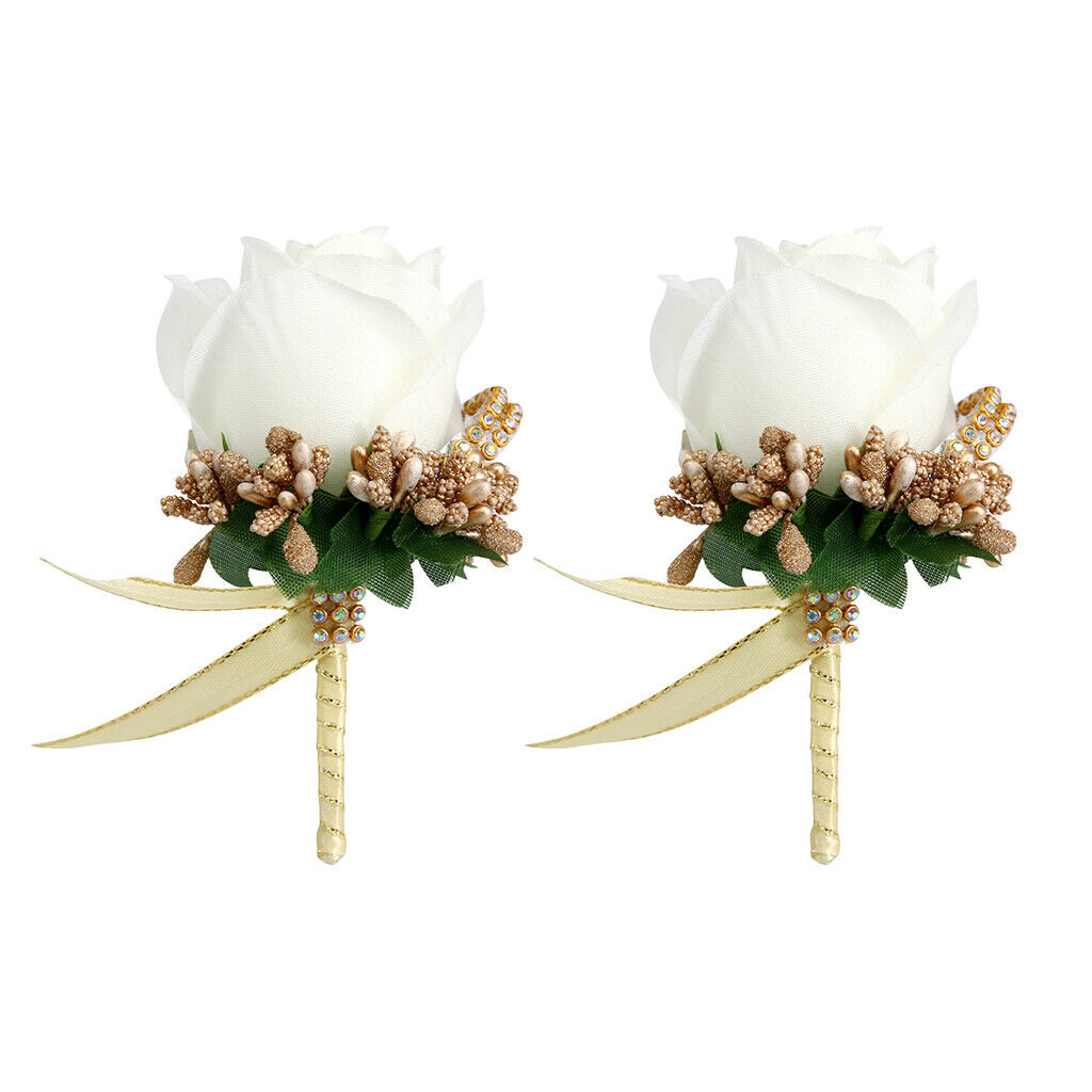 2pcs Wedding Boutonniere Corsage Fabric Rose Flower Brooch for Wedding Party