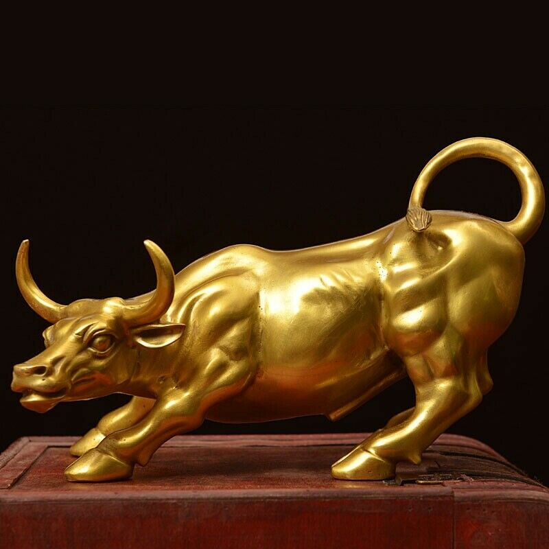 Feng Shui Fortune Brass Bull Statue, Sculpture Home Decoration Golden CopperA3M7
