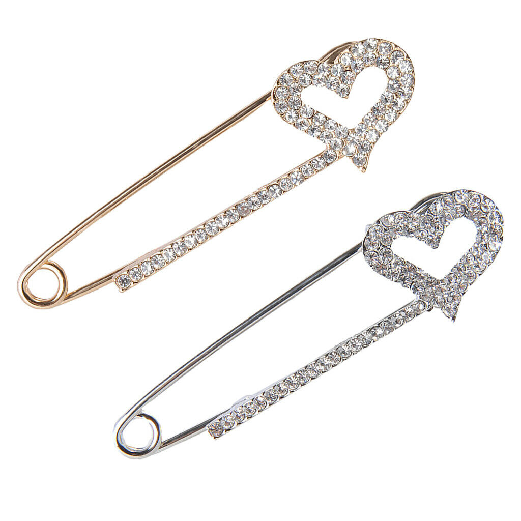 2 Pieces Crystal Safety Pin Scarf Coat Gown Clip Collar Lapel Pin Heart