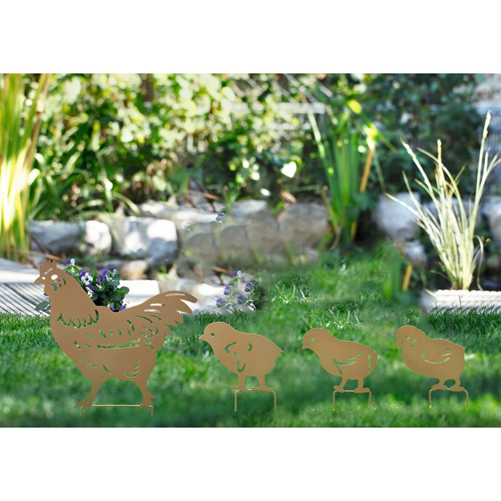 4x Chicken Family Silhouette Hollow Out Garden Yard Art Chicken Statue