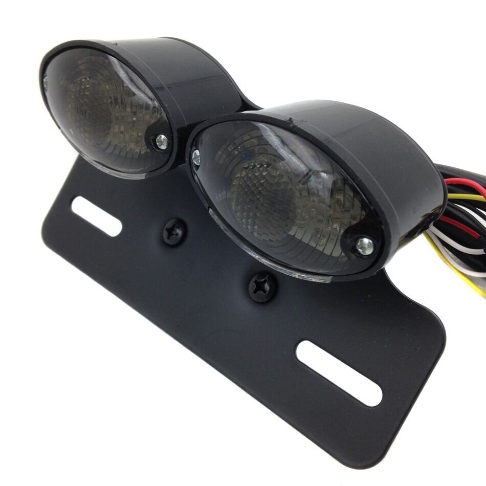 M.Universal Cat Eye Custom Motorcycle Tail Brake License Plate light BLACK smoke