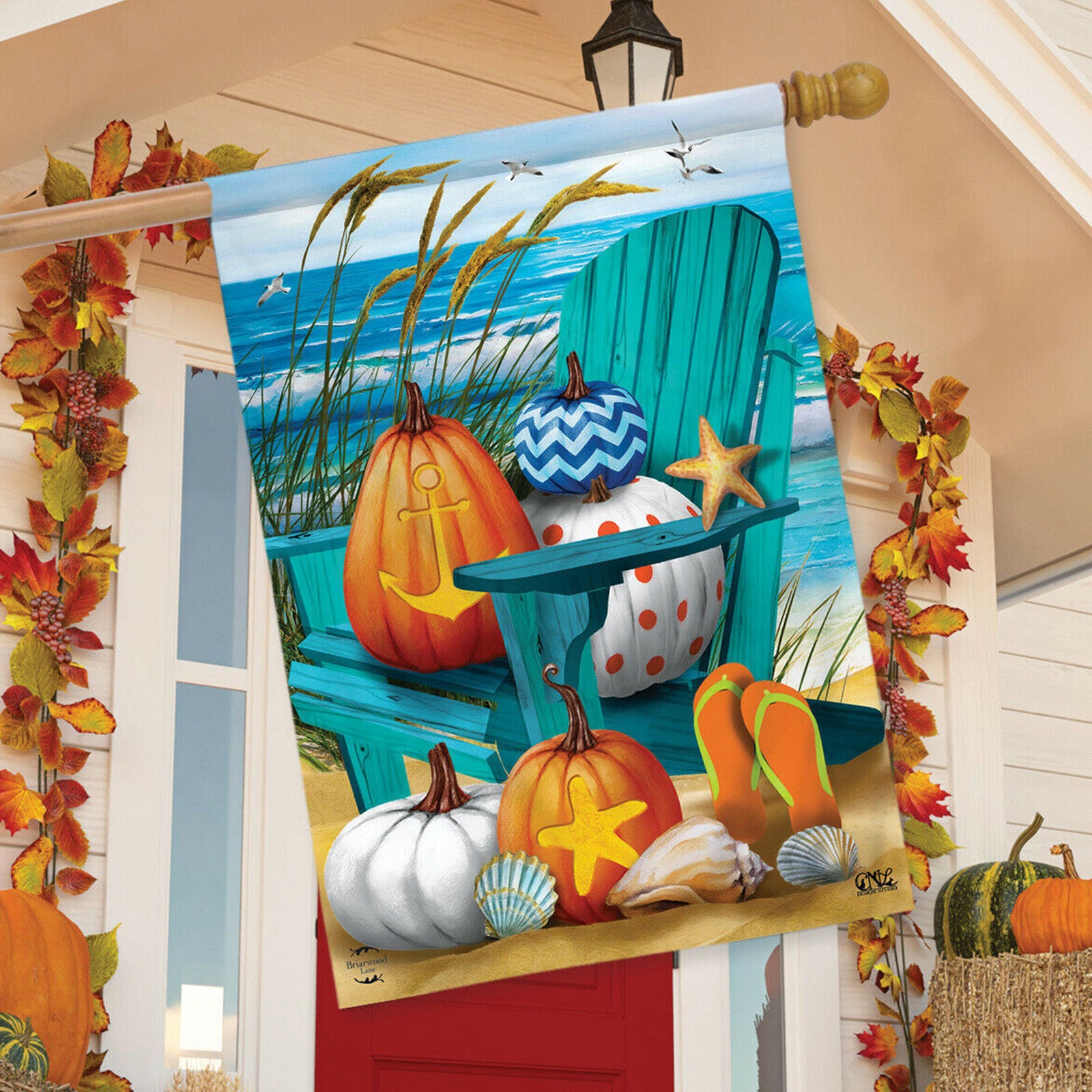 Fall At The Beach House Flag 28" x 40" Autumn Nautical Pumpkins Briarwood Lane