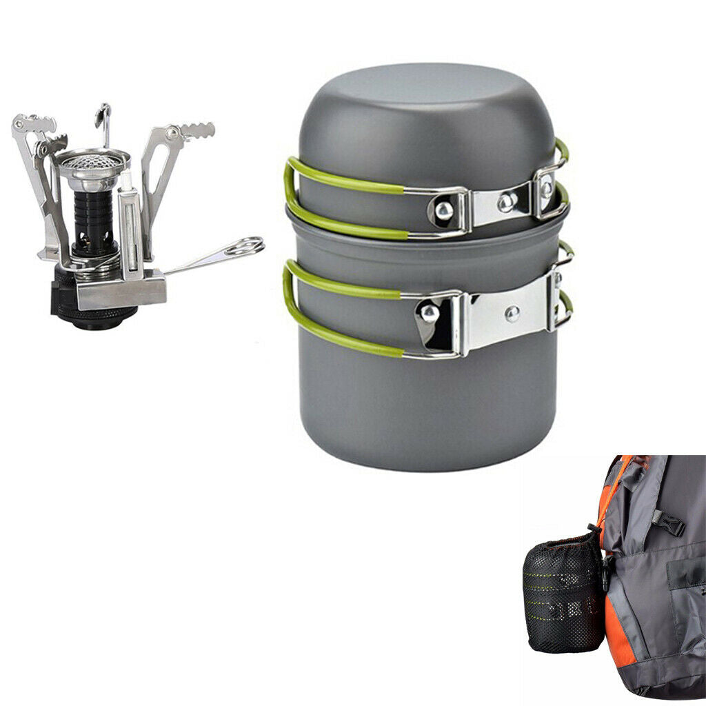 Outdoor Cookware Mess Kits Hiking Picnic Pot Pan Stove Compact Utensil
