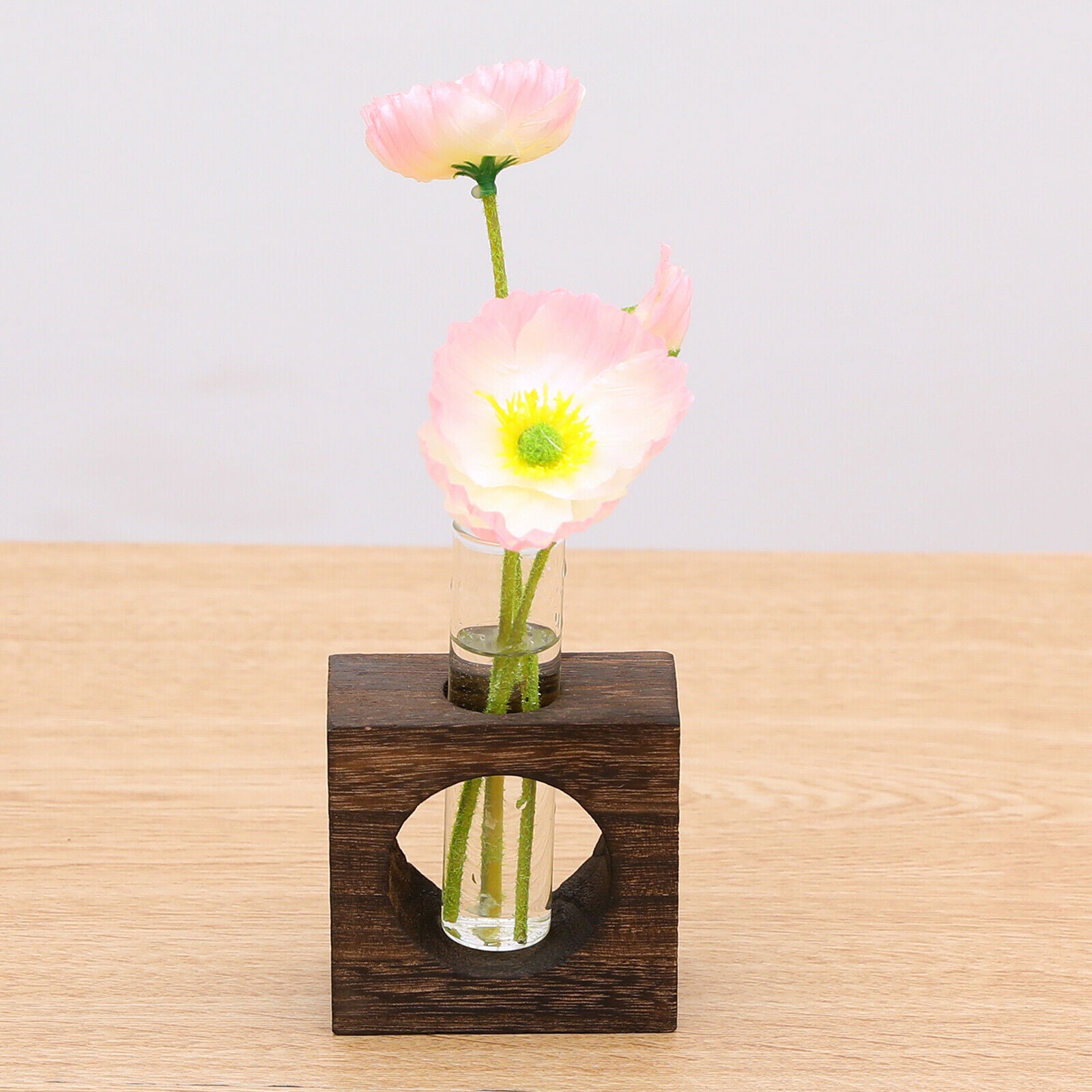 Single Test Tube Vase Watering Plants Planter in Wooden Stand Flowerpot