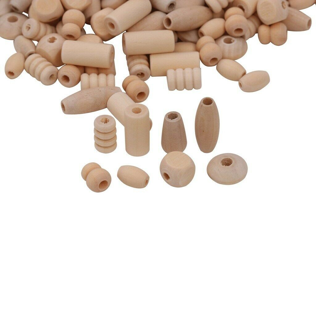 120pc Assorted Shapes Wooden Beads Plain Natural Wood Handmade Jewelry Craft