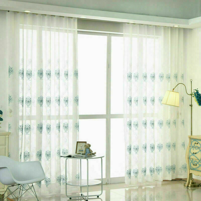 Embroidery Floral Net Curtain Pelmets Tulle Voile Window Panel Drape Sheer Blue