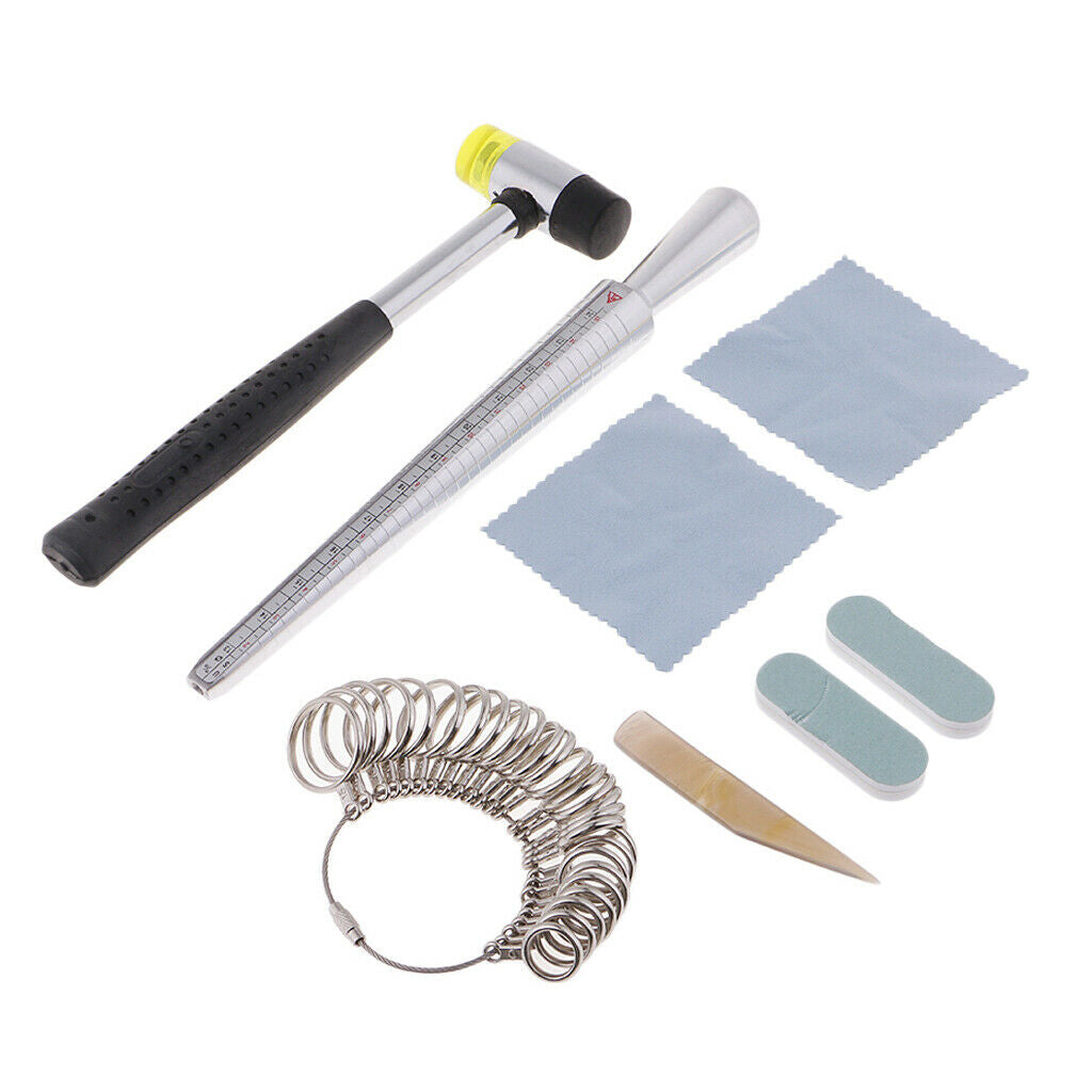 8Pcs US Rubber Hammer Ring Mandrel Sizer Ring Sizer Guage Jewelry Tools Kit