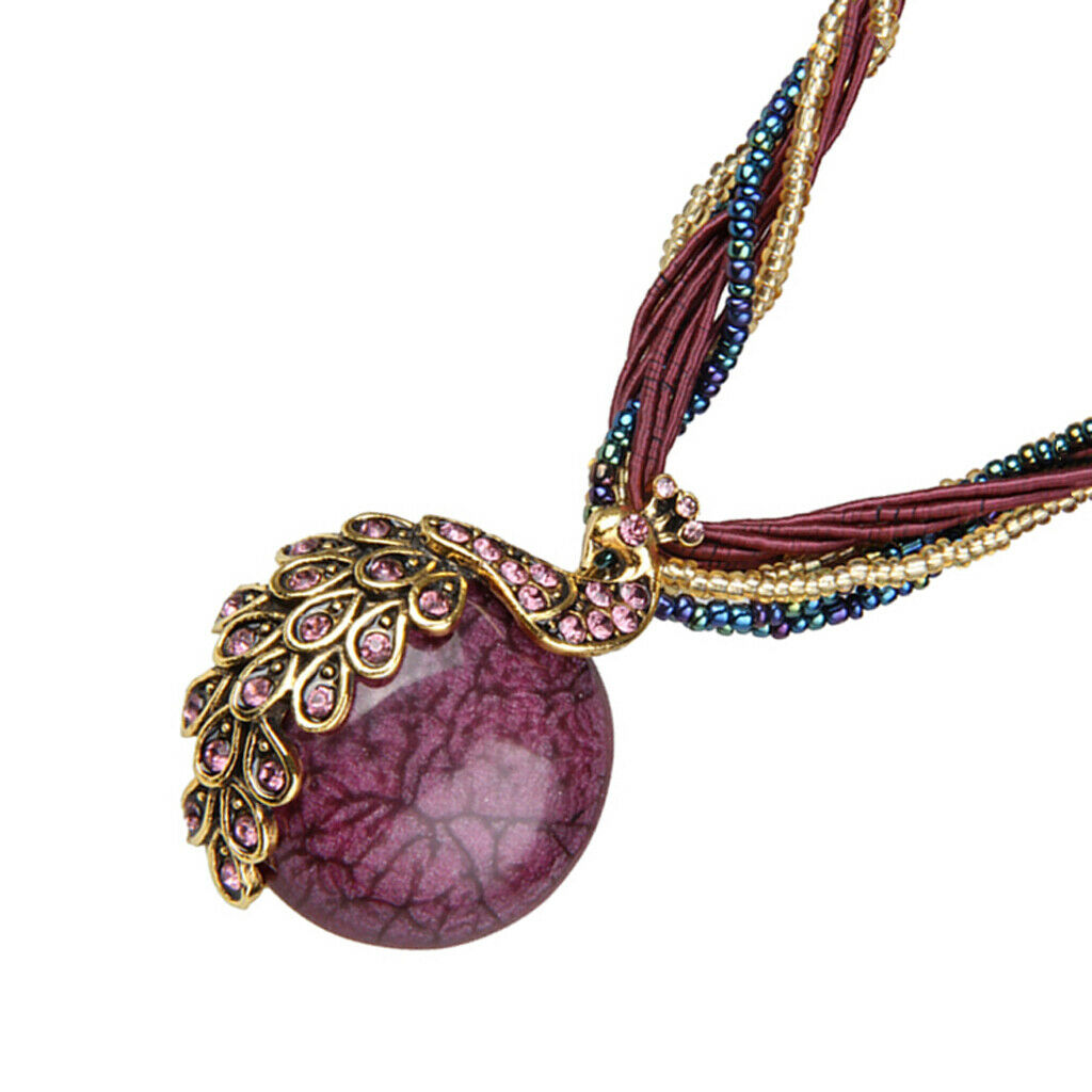 Bohemian Opal Necklace with Phoenix Peacock Pendant Jewel Accessory  Purple