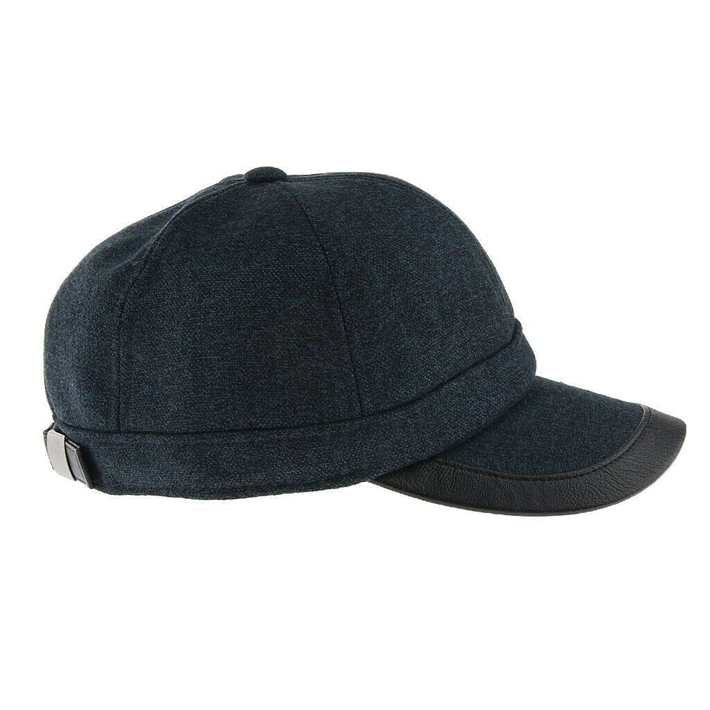 Men's Winter Warm Woolen Peaked Baseball   Hat with Earmuffs Metal Buckle Dark
