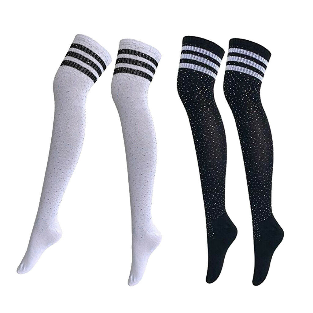 2Pairs Cotton Stripes Rhinestone Over Knee High Socks Casual Party Stockings