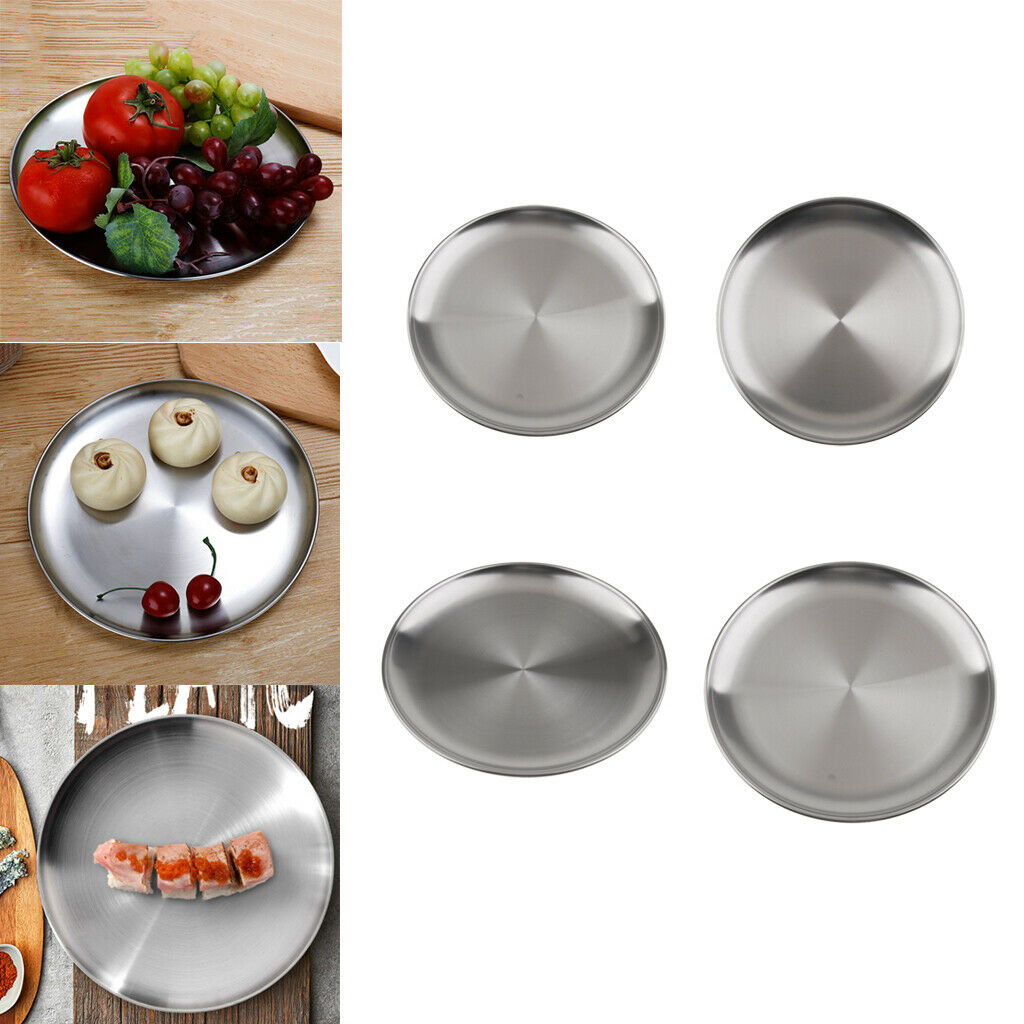 4Pcs Stainless Steel Round  Serving Tray Plate Fruit Food Dessert,
