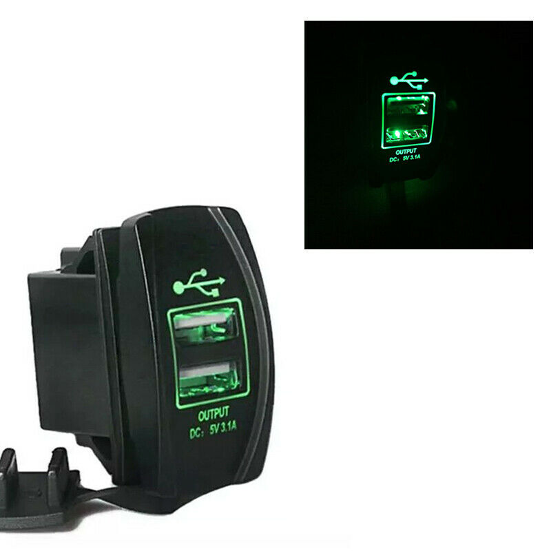 Dual USB Power Charger Toggle Rocker Switch Green LED Light Waterproof Car Boat