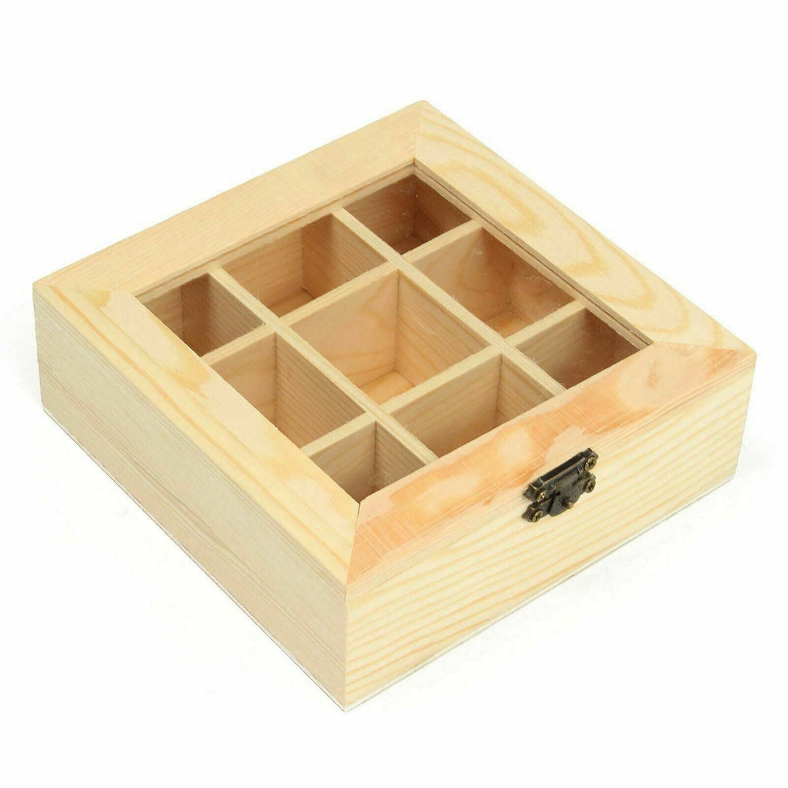 9 Compartments Wooden Tea Bag Tool Chest Storage Box Container Holder Glass Lid