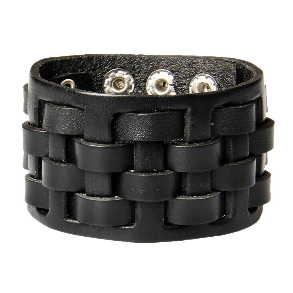 Punk Unisex Men PU Leather Bracelet Cuff Braided Wide Wristband Bangle Black