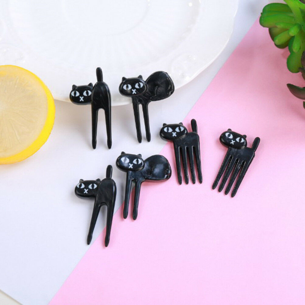 6Pcs black cat fruit fork cute toothpick gadgets kitten dessert decoratio.l8