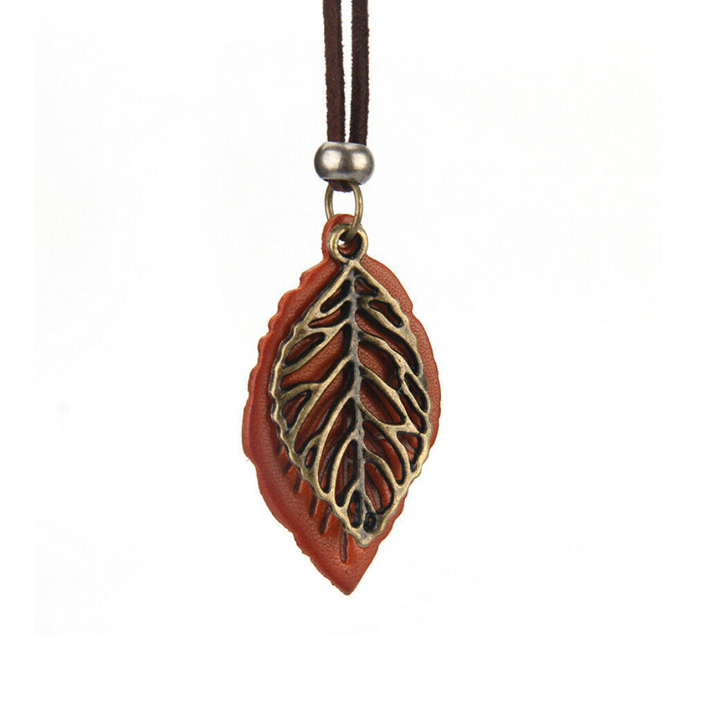 2 Pieces Women Leaves Leaf Pendant Necklace PU Leather Long Sweater Chain