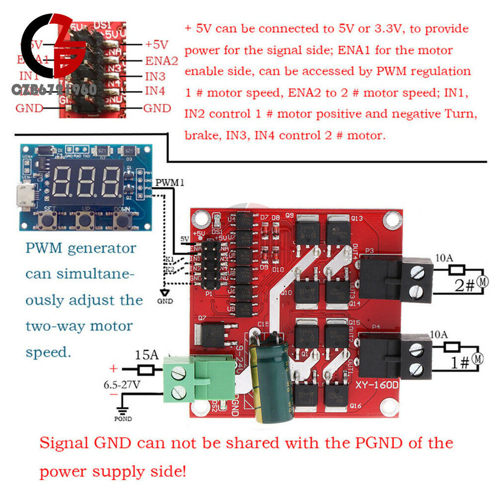 Dual DC Motor Drive Module 7A 160W 12V/24V PWM H-bridge L298 Logic Control Board