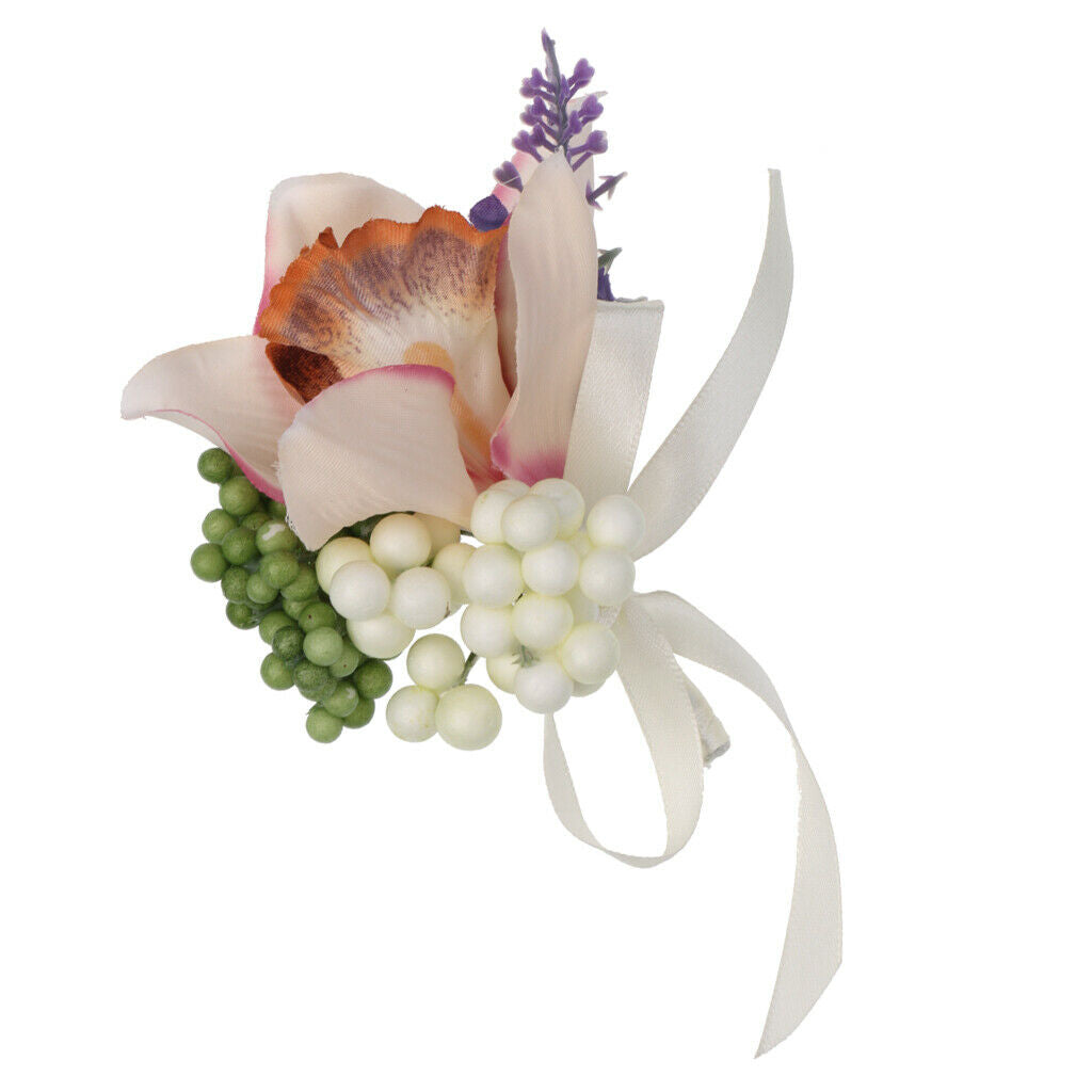 Wedding Bridal Groom Orchid Flower Boutonniere Corsage with Ribbon 8