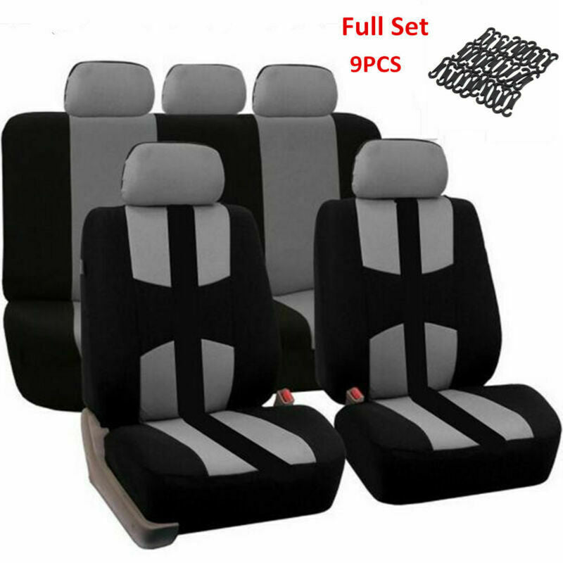 5 Seats Auto Car Seat Cover Cushion Full Set 2xFront+1xRear  Gray Universal 9PCS