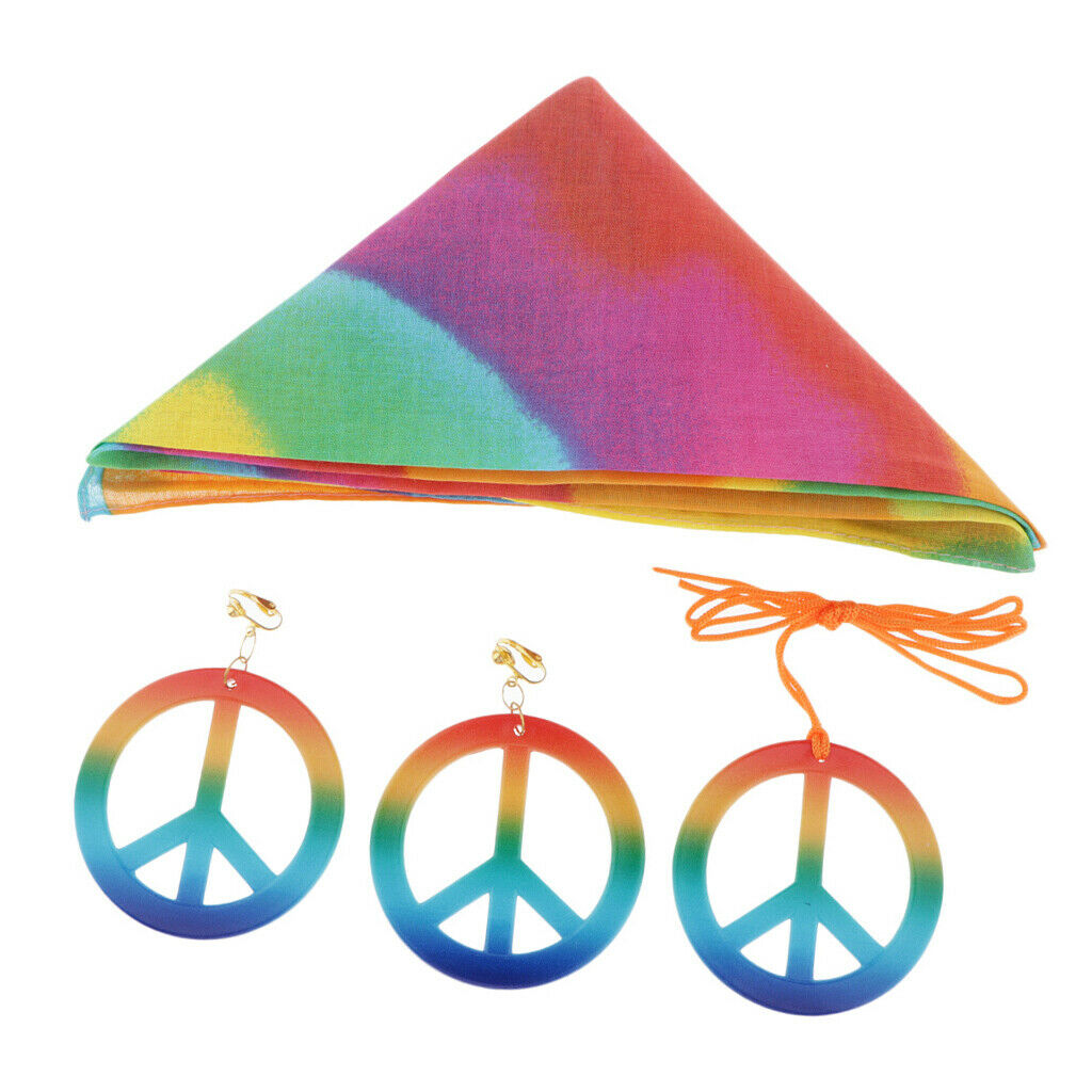 Hipple Peace Sign Earrings Necklace Tie Dye Headband 1960's Halloween Party